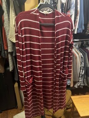 BiBi Burgundy and White Striped Open-Front Cardigan